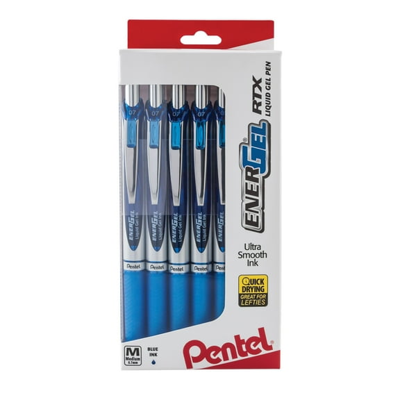 Pentel EnerGel RTX Retractable Liquid Gel Pen, (0.7mm) Metal Tip, Medium Line,0.7mm, Blue Ink, 12-Pk Hanging Window Box