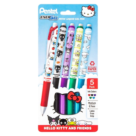 Pentel EnerGel RTX Liquid Gel Pen, Hello Kitty and Friends, Limited Edition, Mix 1, 0.7mm, Med Line, Assorted Ink, 5-Pk