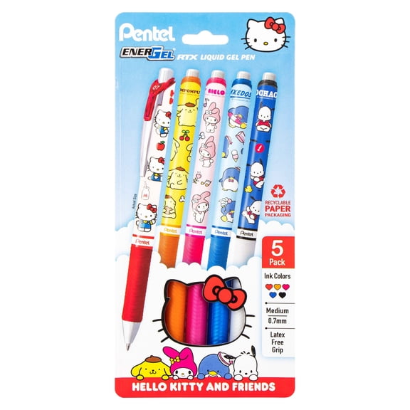 Pentel EnerGel RTX Liquid Gel Pen, Hello Kitty and Friends, Limited Edition, Mix 2, 0.7mm, Med Line, Assorted Ink , 5-Pk