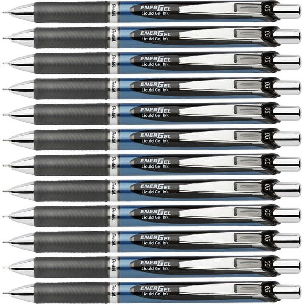 Pentel EnerGel RTX Liquid Gel Pens - Fine Pen Point - 0.5 mm Pen Point Size - Needle Pen Point Style - Refillable - Retractable - Black Gel-based Ink - Blue Barrel - Stainless | Bundle of 10 Boxes