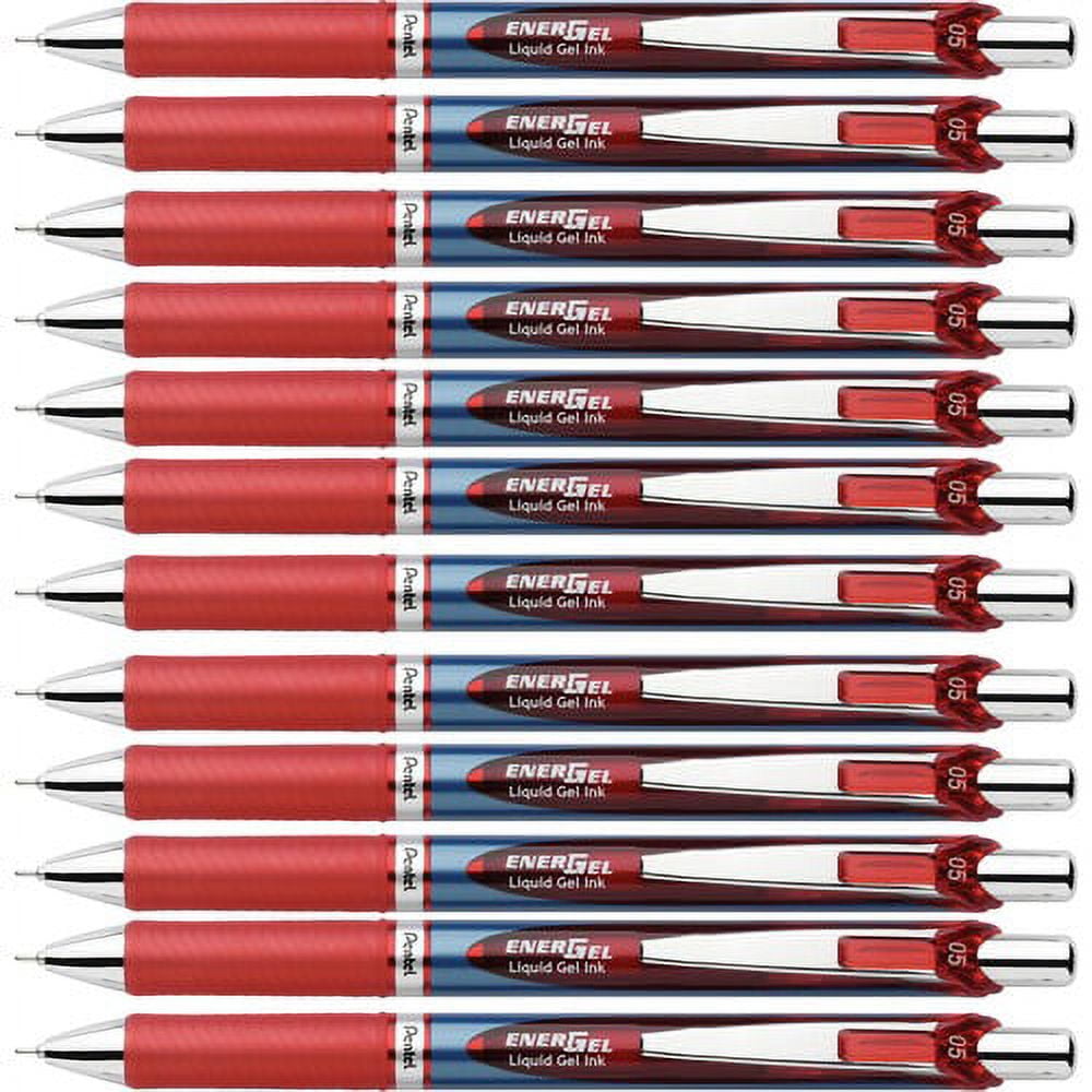 Pentel EnerGel RTX Liquid Gel Pens - Fine Pen Point - 0.5 mm Pen Point Size - Needle Pen Point Style - Refillable - Retractable - Red Gel-based Ink - Blue Barrel - Stainless St | Bundle of 10 Boxes