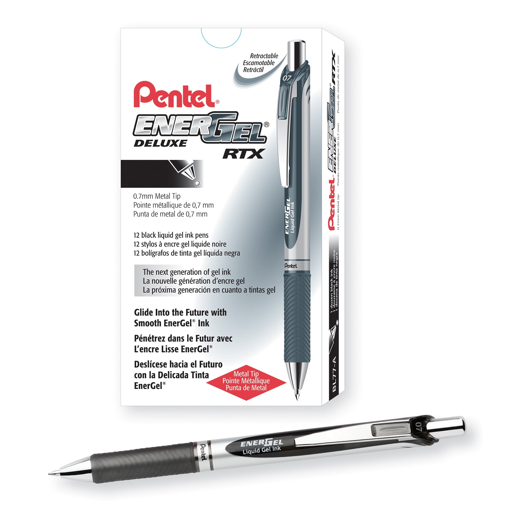 Pentel EnerGel RTX Retractable Liquid Gel Pen, (0.7mm) Metal Tip, Medium Line, Black Ink, 1 Dozen