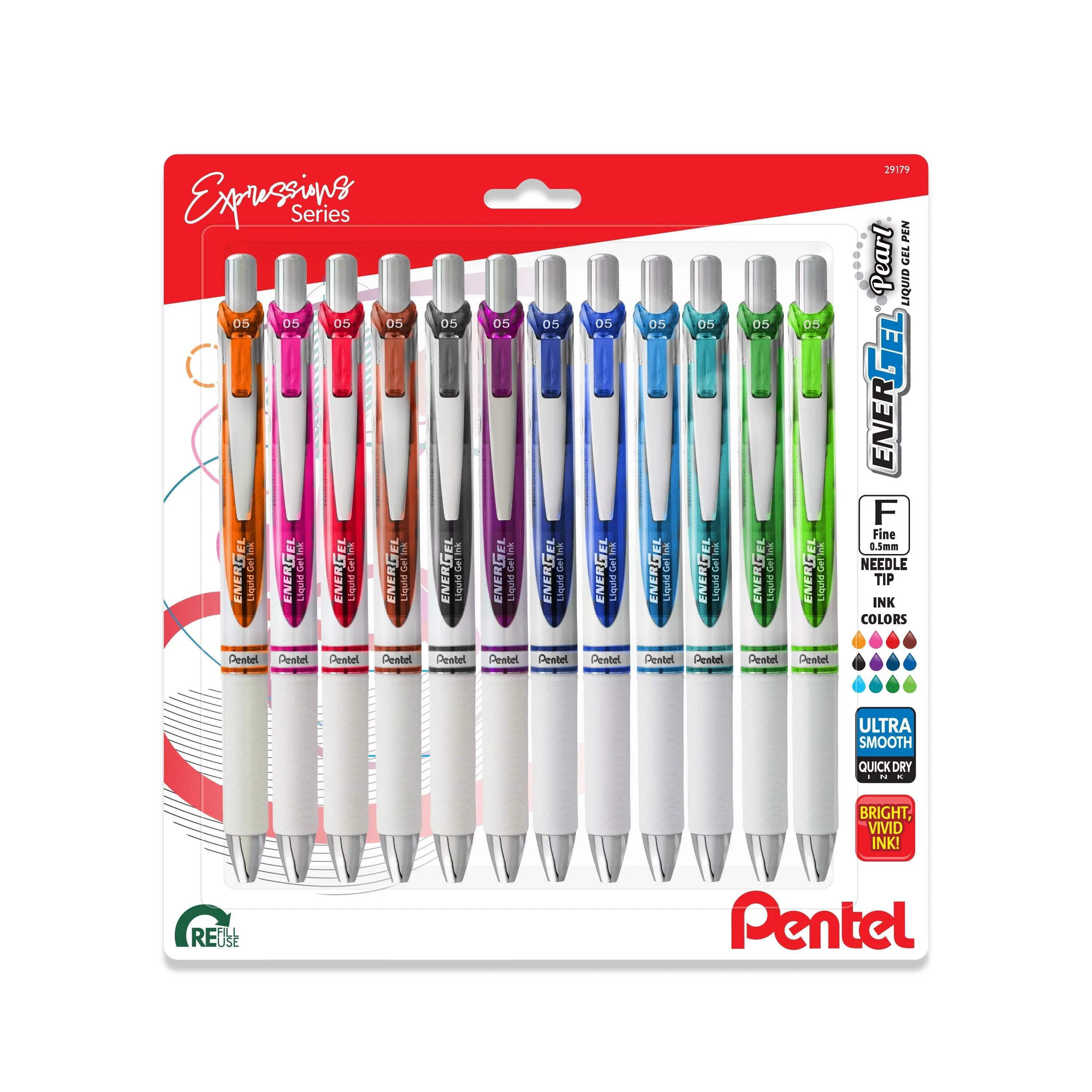 Pentel EnerGel RTX Pearl Liquid Gel Pen, (0.5mm) Needle Tip, Fine Line, Asstd. Ink, 12-Pk