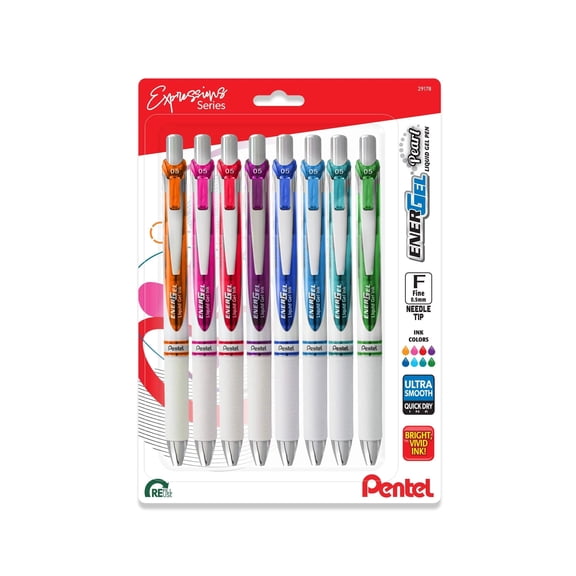 Pentel EnerGel RTX Pearl Liquid Gel Pen, Right Brain Expressions Pack, (0.5mm) Needle Tip, Fine Line, Asstd. Ink, 8-Pk