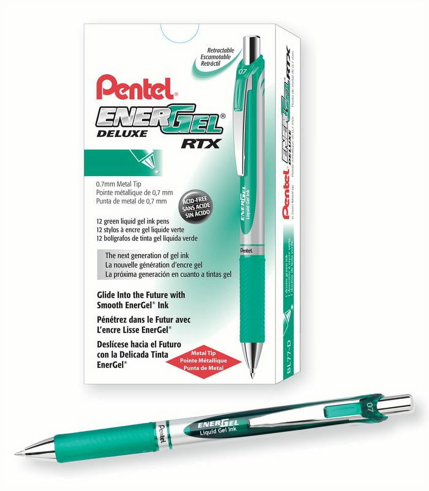 Pentel EnerGel RTX Retractable Gel Ink Pen, (0.7mm) Metal Tip, Medium Point, Green Ink, Box of 12 Pens