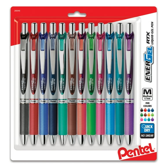 Pentel EnerGel RTX Retractable Gel Pen, (0.7mm) Assorted Ink 12-Pk