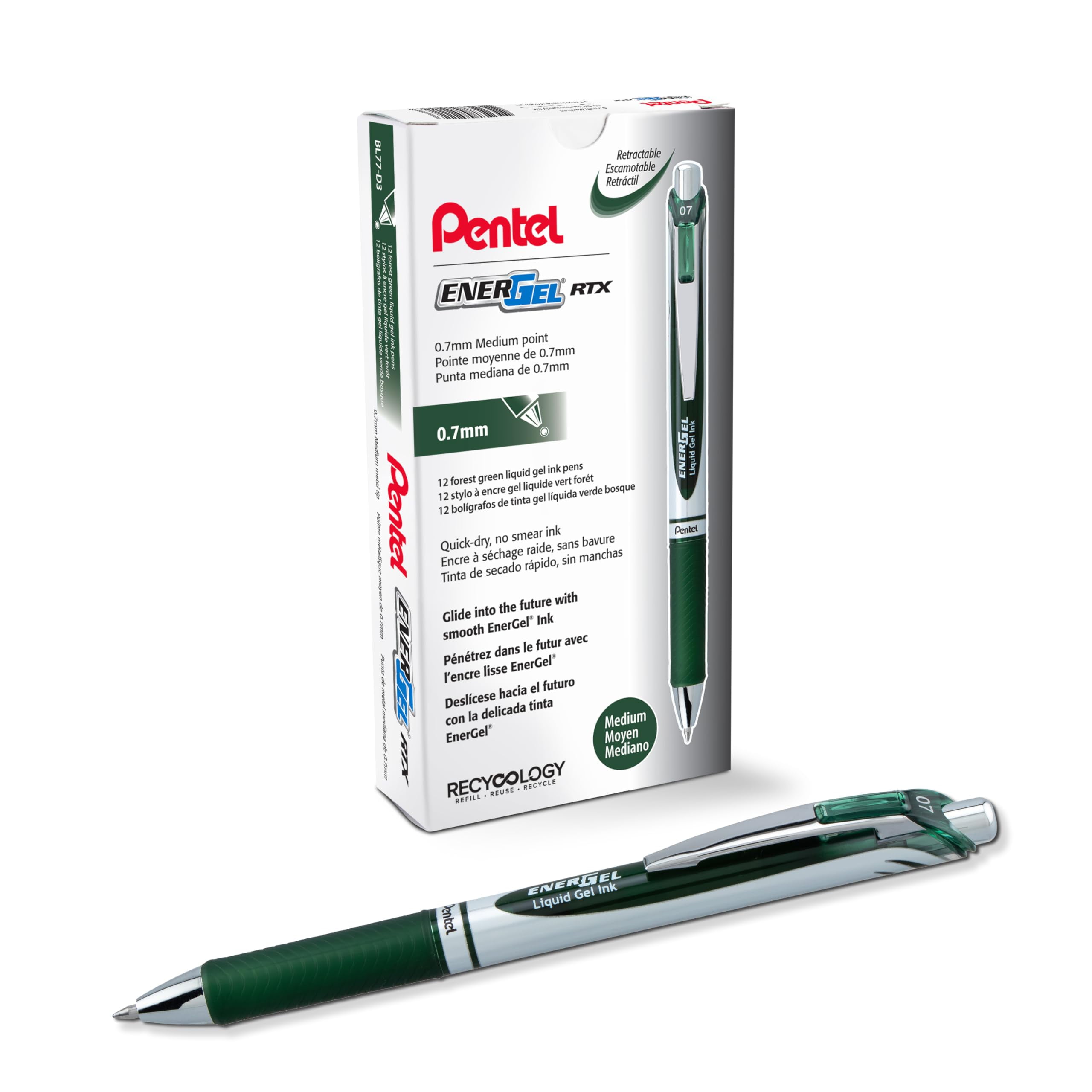 Pentel EnerGel RTX Retractable Liquid Gel Ink Pen, (0.7mm) Medium line, Forest Green Ink, Box of 12 Pens (BL77-D3)