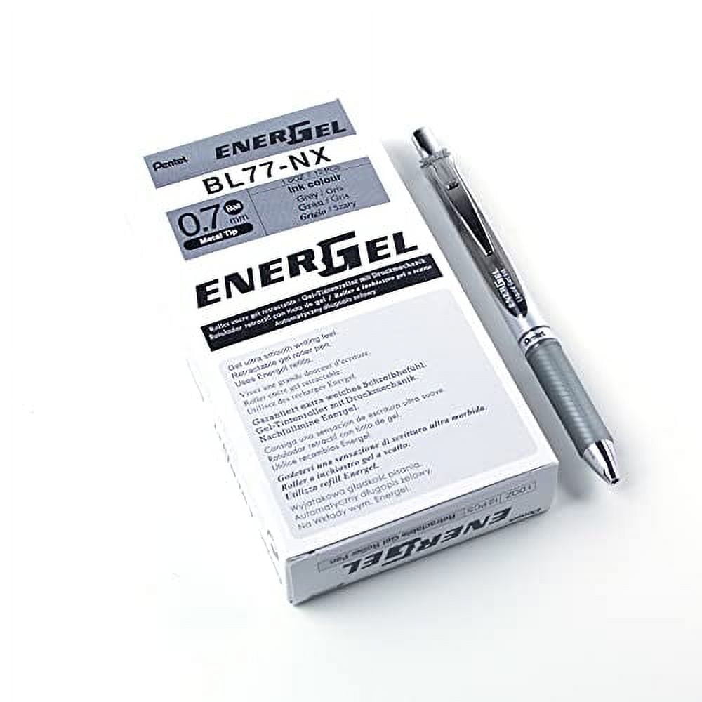 Pentel EnerGel RTX Retractable Liquid Gel Ink Pen, (0.7mm) Medium line, Gray Ink, Box of 12 Pens (BL77-N)