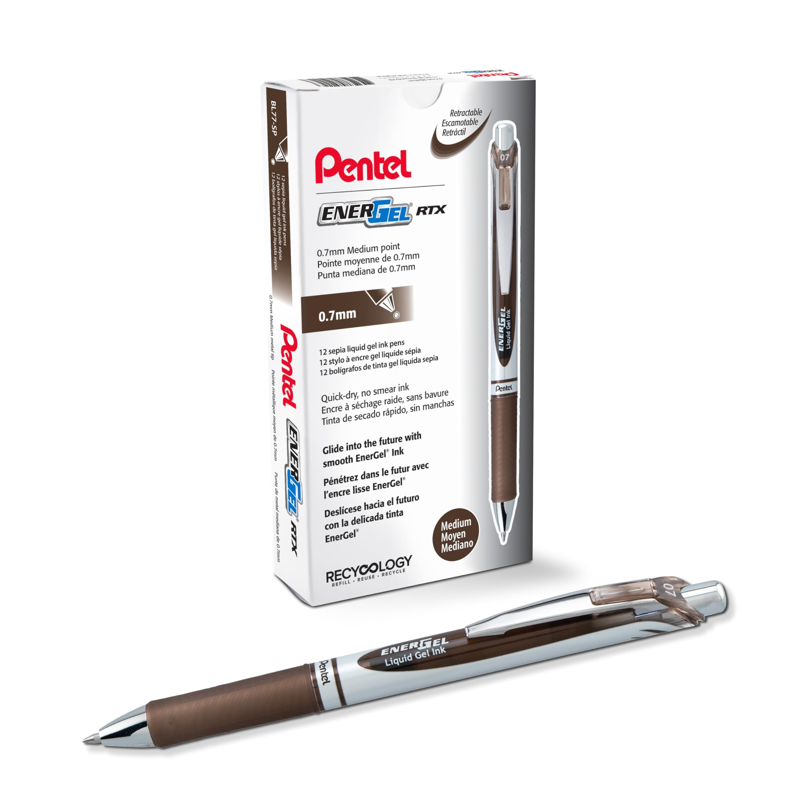 Pentel EnerGel RTX Retractable Liquid Gel Ink Pen, (0.7mm) Medium line, Sepia Ink, Box of 12 Pens (BL77-SP) 12 Pack 0.7mm Pentel EnerGel RTX Retractable Liquid Gel Ink Pen, (0.7mm) Medium line, Sepia Ink, Box of 12 Pens (BL77-SP) 12 Pack 0.7mm