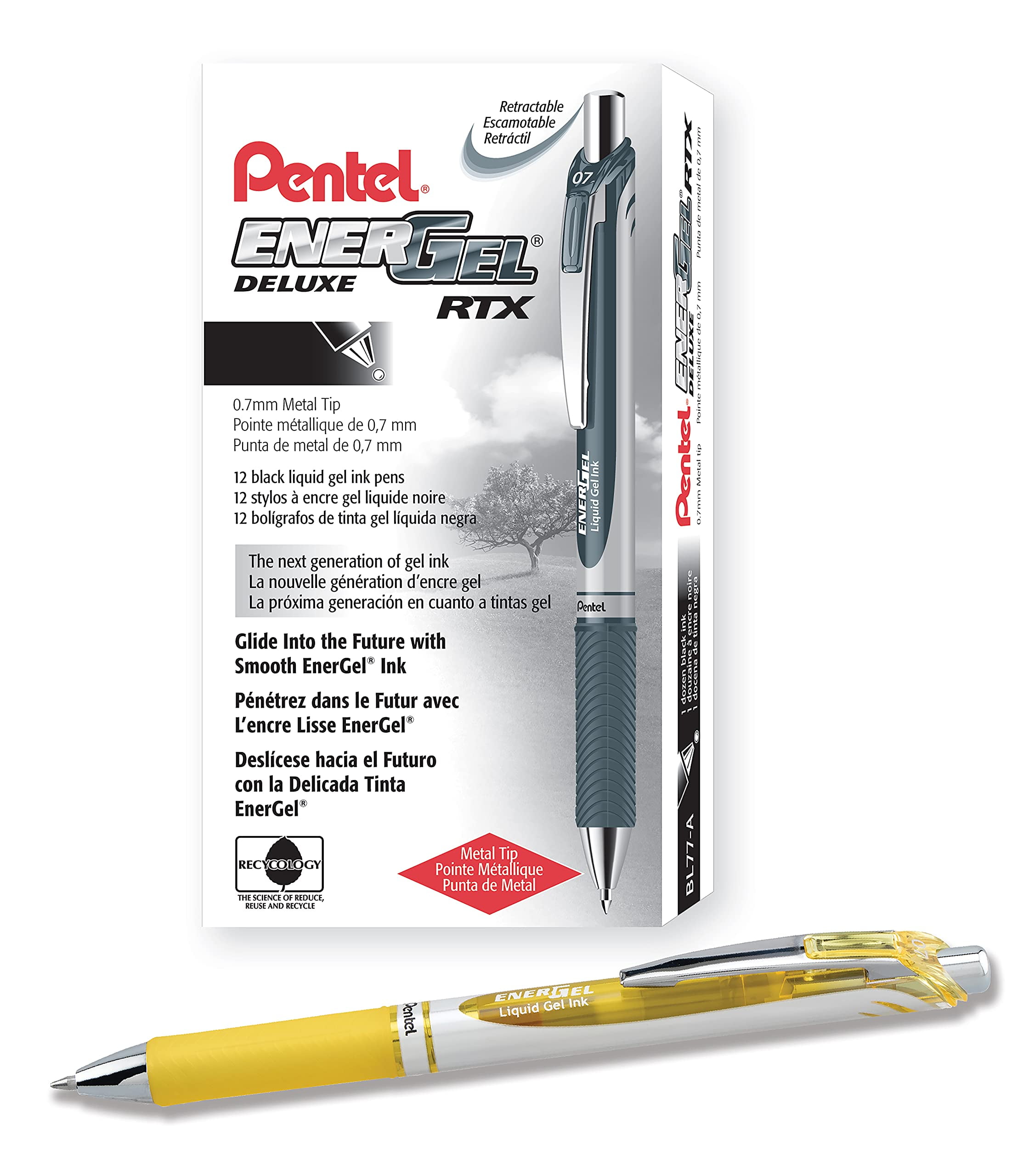 Pentel EnerGel RTX Retractable Liquid Gel Ink Pen, (0.7mm) Medium line, Yellow Ink, Box of 12 Pens (BL77-G) Pentel EnerGel RTX Retractable Liquid Gel Ink Pen, (0.7mm) Medium line, Yellow Ink, Box of 12 Pens (BL77-G)