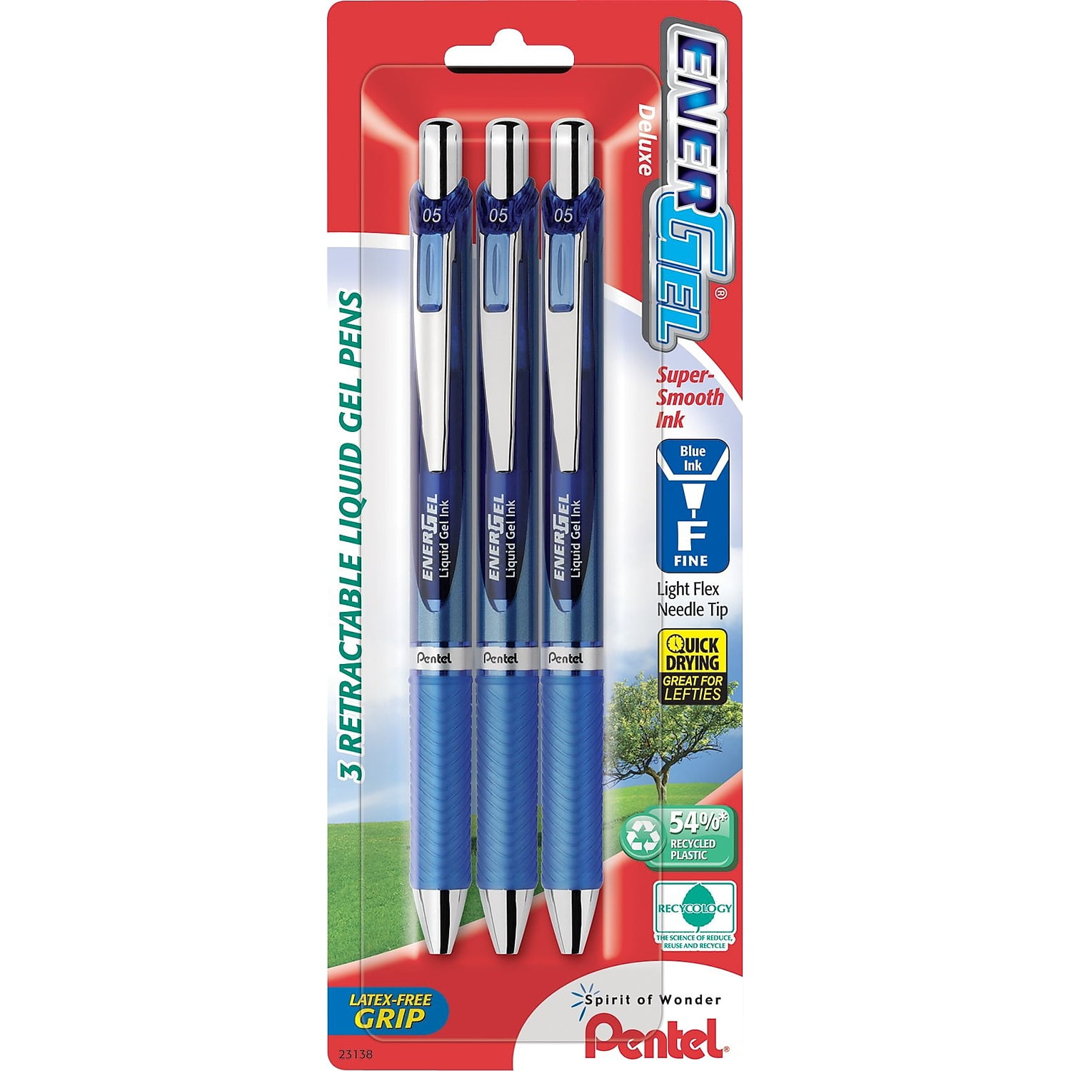 Pentel EnerGel RTX Retractable Liquid Gel Pen, (0.5mm) Needle Tip, Fine Line, Blue Ink 3-Pk