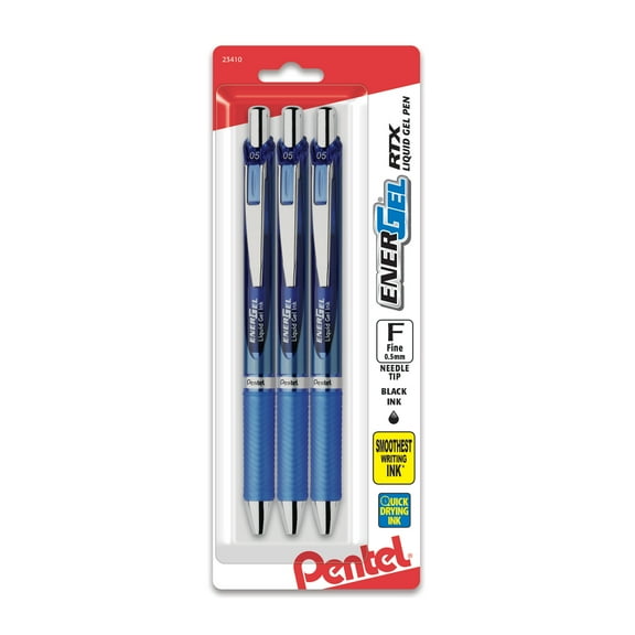 Pentel EnerGel RTX Retractable Liquid Gel Pen, (0.5mm) Needle Tip, Fine Line, Blue Ink 3-Pk