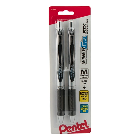 Pentel EnerGel RTX Retractable Liquid Gel Pen, (0.7mm) Metal Tip, Medium Line, Black Ink, 2 Each,  for Adults, Teens, Children and Seniors