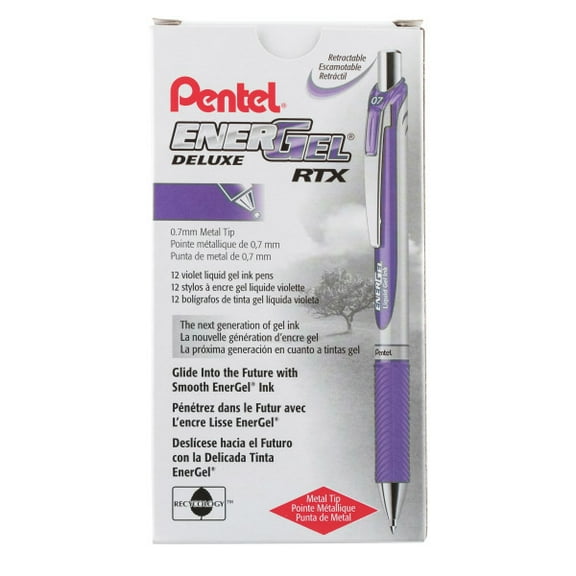 Pentel EnerGel RTX Retractable Liquid Gel Pen, (0.7mm) Metal Tip, Medium Line, Violet Ink (Pack of 12)