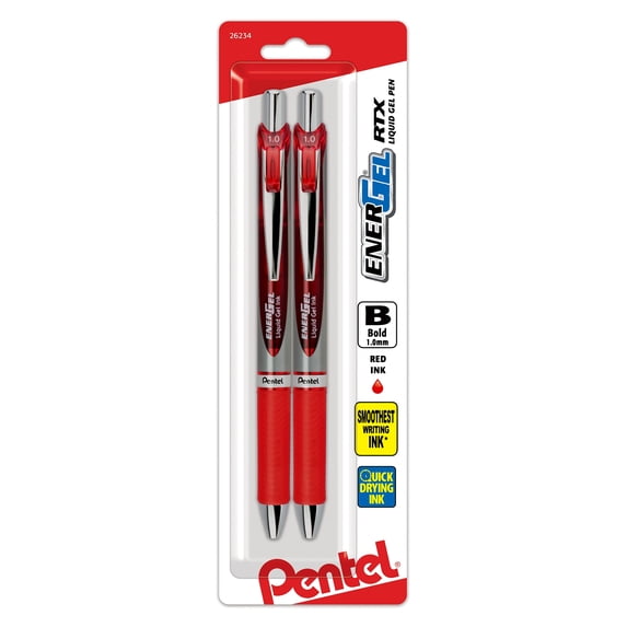Pentel EnerGel RTX Retractable Liquid Gel Pen, Bold Line, Metal Tip, Red Ink 2-Pack (BL80BP2B)