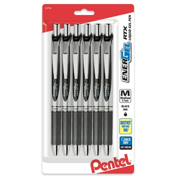 Pentel EnerGel RTX Retractable Liquid Gel Pen, Medium Line, Metal Tip, Black Ink, 6 Pack (BL77BP6A)