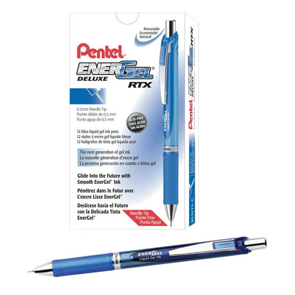 Pentel EnerGel RTX Retractable Liquid Gel Pens, Fine Point, 0.5 mm, 54% Recycled, Assorted Barrel Colors, Blue Ink, Pack Of 12 Pens