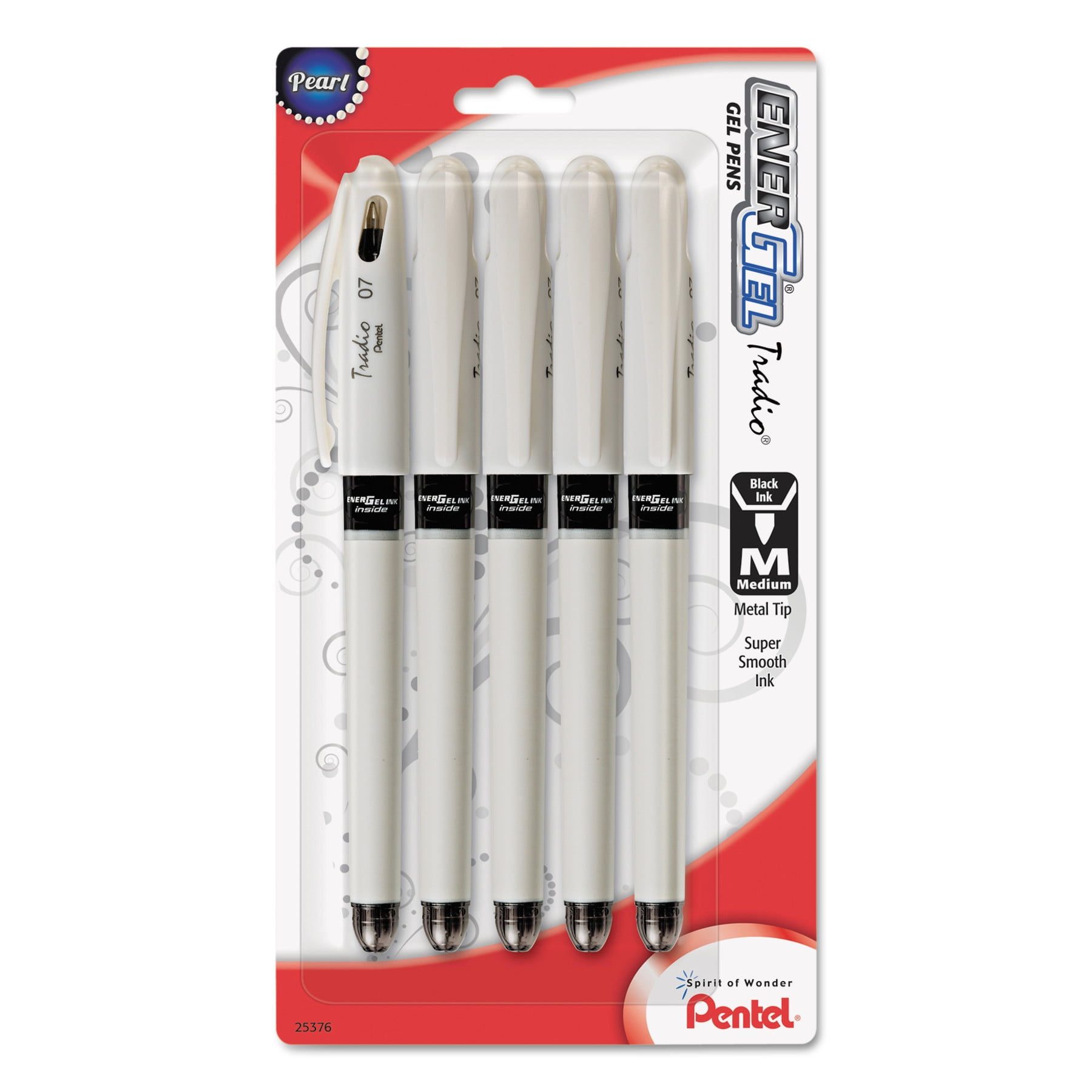 Pentel EnerGel Tradio Pearl Liquid Gel Pen, 0.7mm, Medium Line Capped, Black Ink, 5 Pack (BL117WBP5A) (PENBL117WBP5A)