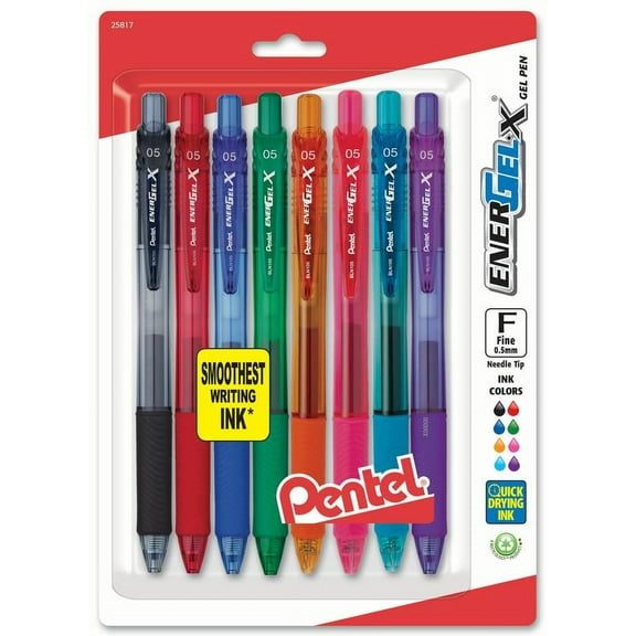 Pentel EnerGel-X Gel Pen, (0.5mm) Needle Tip, Fine Line, Assorted Ink, 8-Pk