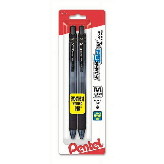 Pentel EnerGel-X Gel Pen, (0.7mm) Metal Tip, Medium Black Line,2-Pk