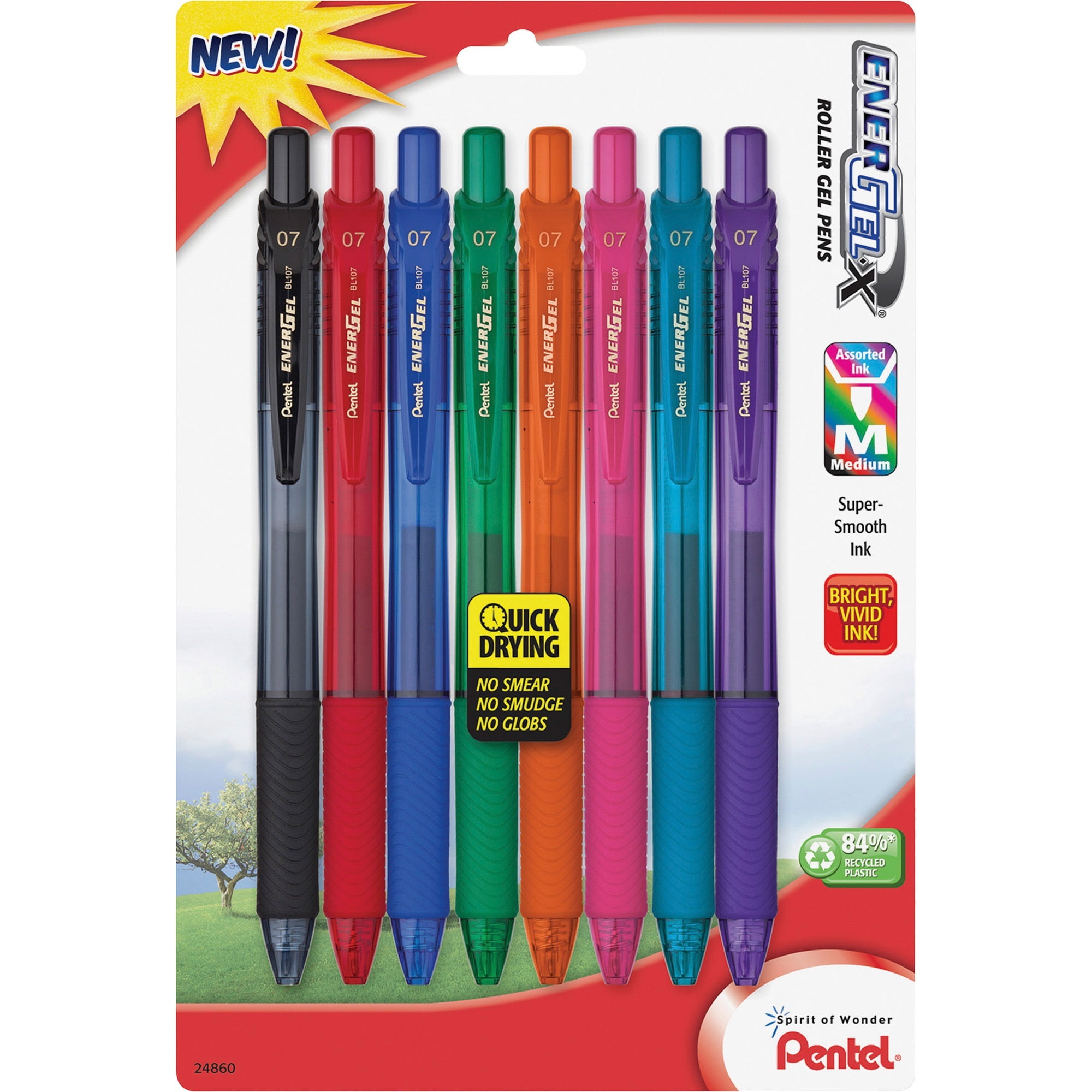 Pentel EnerGel-X Retractable Gel Pens - Medium Pen Point - 0.7 mm Pen Point Size - Refillable - Retractable - Assorted Gel-based Ink - Assorted Barrel - Metal Tip - 8 / Pack | Bundle of 5
