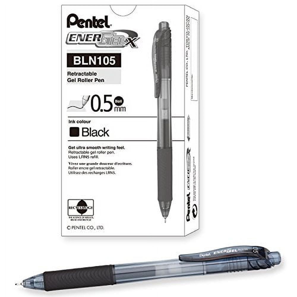 Pentel EnerGel-X Retractable Liquid Gel Pen, 0.5 mm, Black, Pack of 12