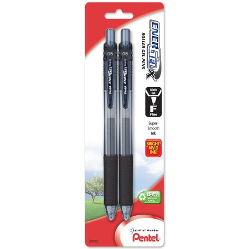 Pentel EnerGel-X Retractable Liquid Gel Pen 0.5mm, Needle Tip, Black Ink (2 Pack) (BLN105BP2A)
