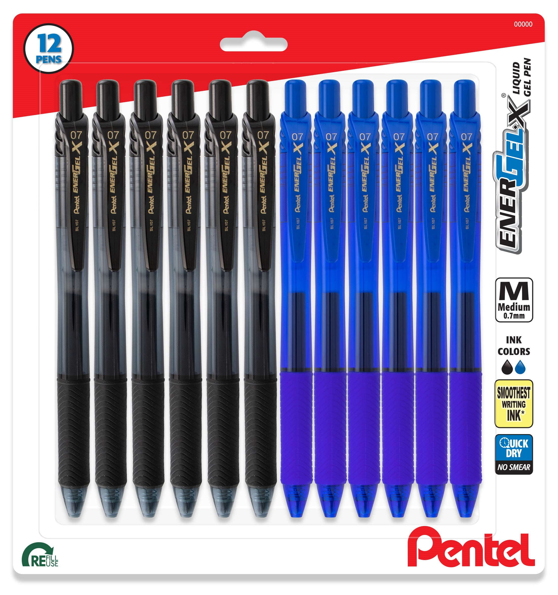 Pentel EnerGel X Retractable Liquid Gel Pen, 0.7mm, 12 Pack, 6