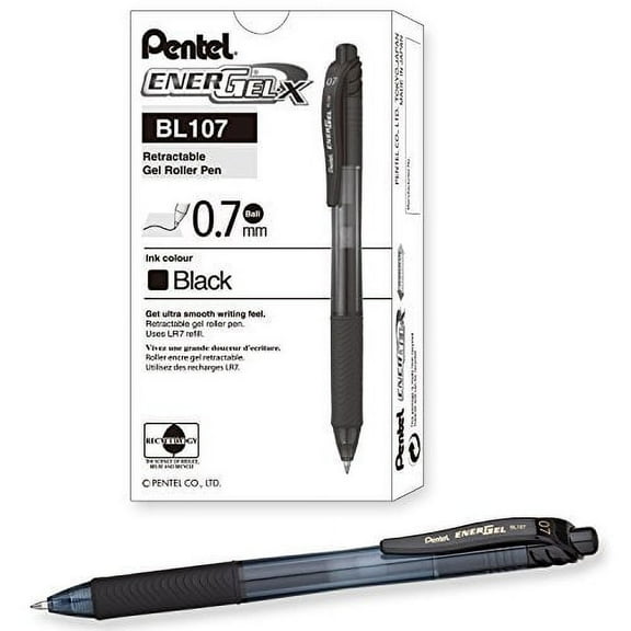 Pentel EnerGel-X Retractable Liquid Gel Pen (0.7mm) Metal Tip, Black Ink, Box of 12 (BL107-A) by Pentel
