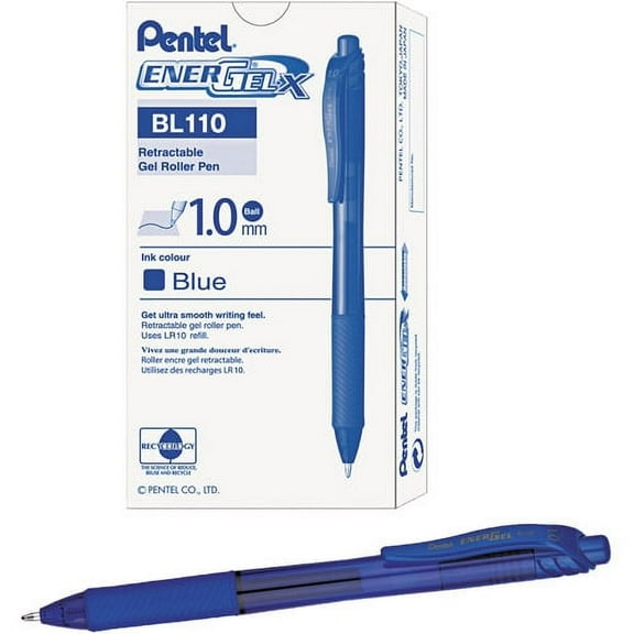Pentel EnerGel-X Retractable Gel Pen, 1 mm Metal Tip, Blue Ink, Translucent Blue Barrel, Dozen