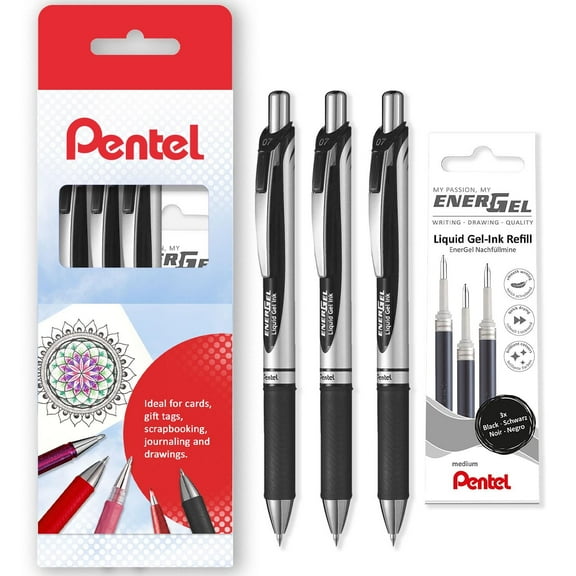 Pentel EnerGel XM BL77 - Retractable Liquid Gel Ink Pen - 0.7mm - Cardboard Wallet of 3 Pens + 3 Refills - Black