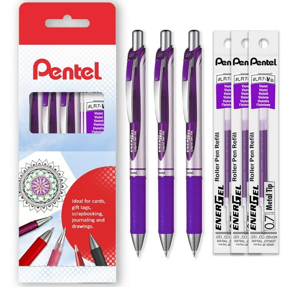 Pentel EnerGel XM BL77 - Retractable Liquid Gel Ink Pen - 0.7mm - Cardboard Wallet of 3 Pens + 3 Refills - Violet