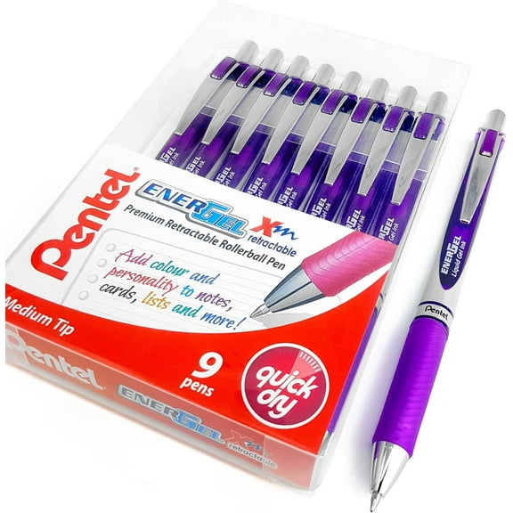 Pentel EnerGel XM BL77 - Retractable Liquid Gel Ink Pen - 0.7mm - Violet Ink - Wallet of 9