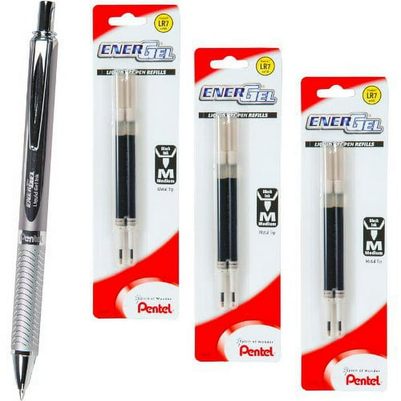 Pentel Energel 0.7 Alloy Rt Bl407 Black Gel Ink Pen with 3 Packs of Refills, Silver Barrel, 0.7mm Medium Point,6refills
