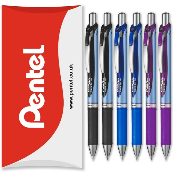 Pentel Energel BLN75 Retractable Gel Ink Rollerball Pen - 0.5mm - 54% Recycled - Black, Blue, Violet - Pack of 6 in Pillow Packaging