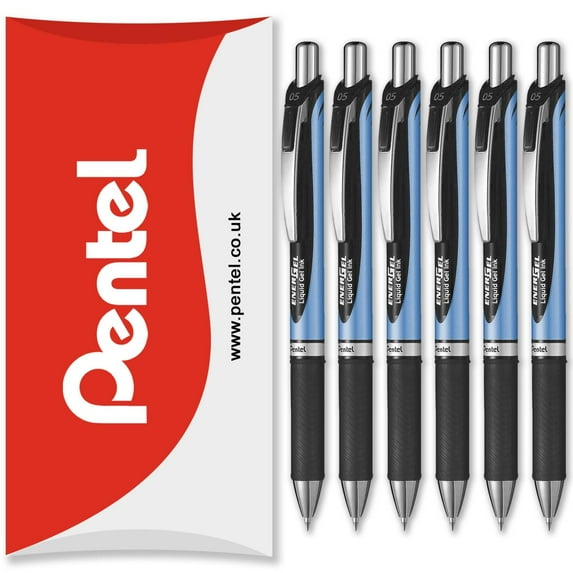 Pentel Energel BLN75 Retractable Gel Ink Rollerball Pen - 0.5mm - 54% Recycled - Black - Pack of 6 in Pillow Packaging