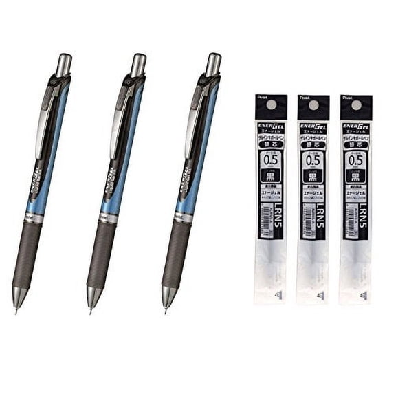 Pentel Energel Deluxe RTX Retractable Liquid Gel Baiilpointpen 0.5mm Fine Line Needle Tip Black Ink Blue Body 3Pens 3 Refills Value Set