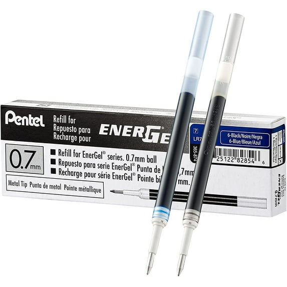 Pentel Energel Liquid Gel ink Pens, 0.7mm, Black ink Blue ink, 12 Count