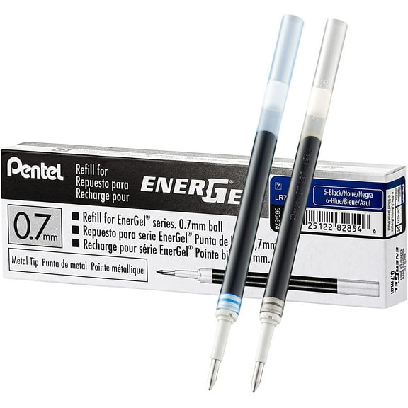 Pentel Energel Liquid Gel ink Pens, 0.7mm, Black ink Blue ink, 12 Count