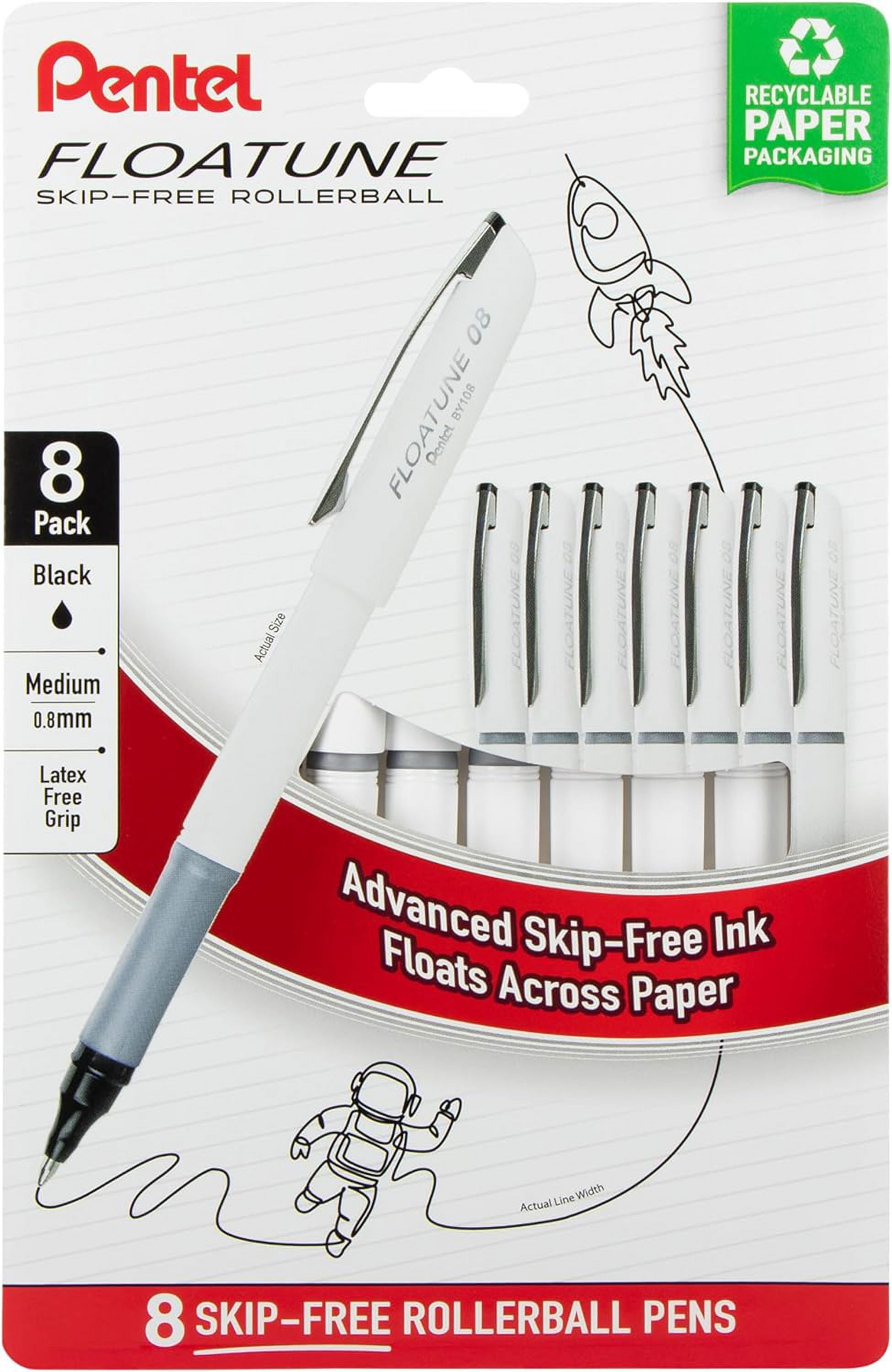 Pentel Floatune Skip Free Rollerball, 0.8mm Med point, Black Ink, Pack of 8 pens