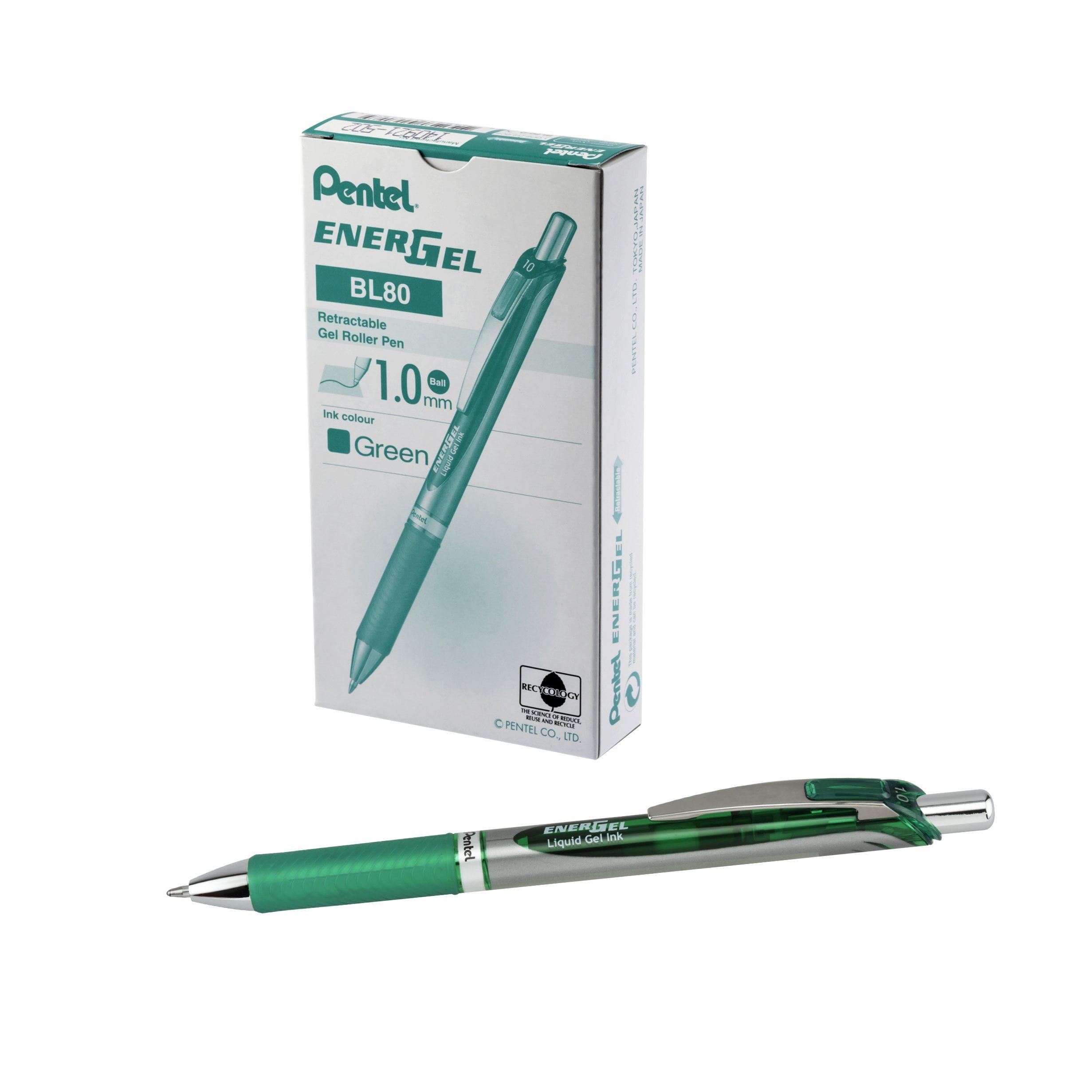 Pentel Gel Ink Pen, Retractable Gel Pen, Bold Point, Metal Tip, Green Ink, Box of 12 (BL80-D) 12 Pack 1.0mm