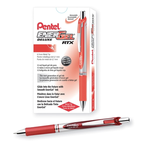 Pentel EnerGel RTX Retractable Liquid Gel Pen, (0.7mm) Metal Tip, Medium Line, Red Ink, 1 Dozen