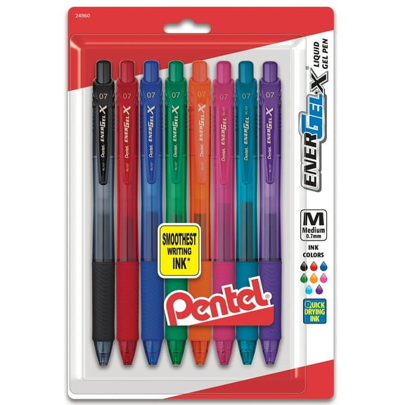 Pentel EnerGel-X Retractable Liquid Gel Pen, (0.7mm) Metal Tip, Medium Line, Assorted Ink, 8-Pack