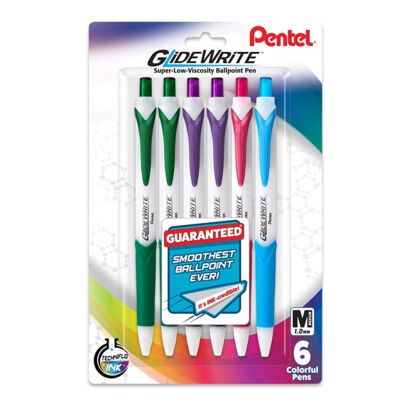 Pentel GlideWrite Ballpoint Pen with TechniFlo Ink, (1.0mm) Medium Line, Assorted Ink, Pack of 6 (BX910BP6M)