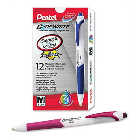 Pentel GlideWrite Ballpoint Pen with TechniFlo Ink, (1.0mm) Medium Line, Burgundy Ink, Box of 12 Pens (BX910-BG)