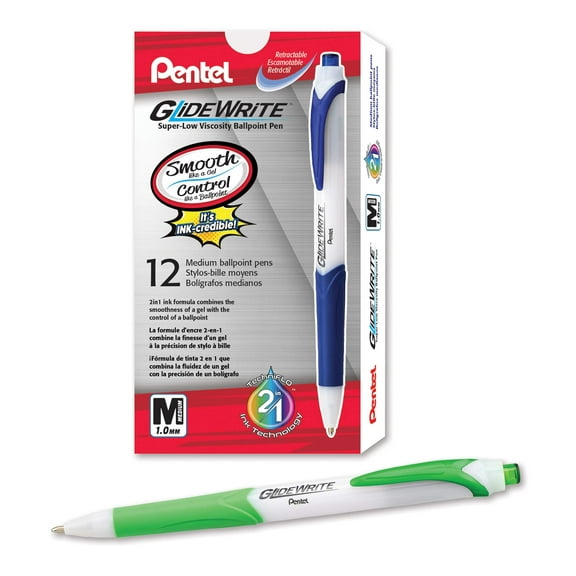 Pentel GlideWrite Ballpoint Pen with TechniFlo Ink, (1.0mm) Medium Line, Lime Green Ink, Box of 12 Pens (BX910-K)