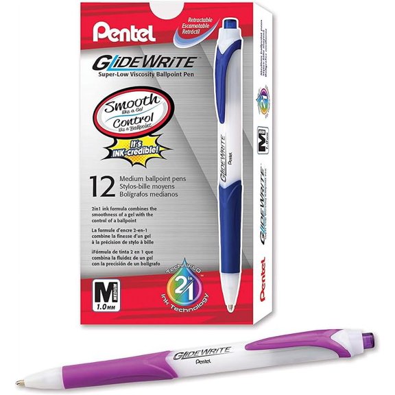Pentel GlideWrite Ballpoint Pen with TechniFlo Ink, (1.0mm) Medium Line, Magenta Ink, Box of 12 Pens (BX910-V4)