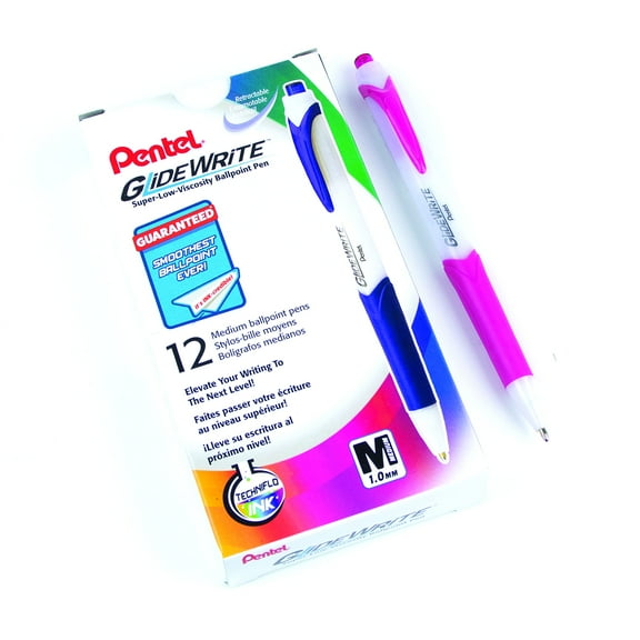Pentel GlideWrite Ballpoint Pen with TechniFlo Ink, (1.0mm) Medium Line, Pink, Box of 12 (BX910-P)
