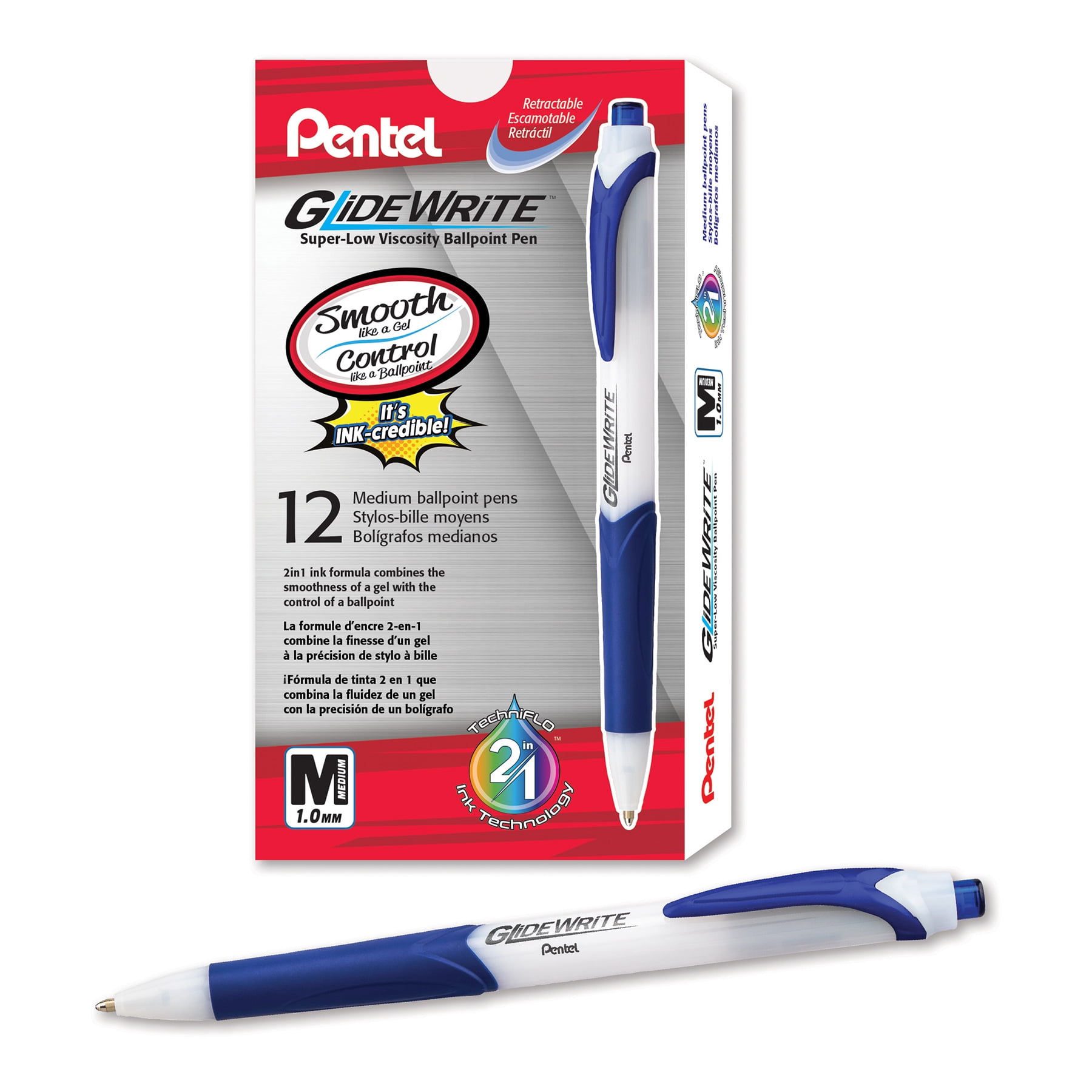 Pentel GlideWrite Ballpoint Pen with TechniFlo Ink, (1.0mm) Medium Line, Blue, 1 Dozen
