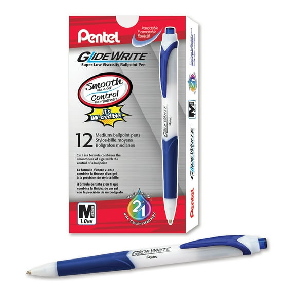 Pentel GlideWrite Ballpoint Pen with TechniFlo Ink, (1.0mm) Medium Line, Blue, 1 Dozen
